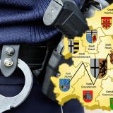 Rückenansicht eines Polizisten mit Handschellen und Waffe. Daneben die Kreiskarte in gelb. 