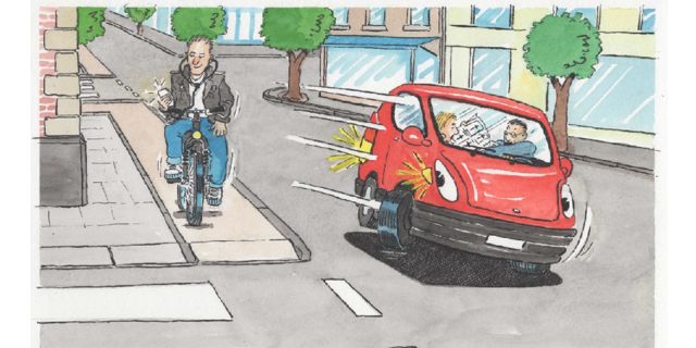 Ablenkung im Straßenverkehr. Ein Mann fährt mit seinem Fahrrad und schaut dabei auf sein Handy. Ein Auto fährt an ihm vorbei. Das Bild ist als Cartoon gestaltet. 