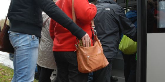 Mehrere Personen steigen in einen Bus. Eine Person greift von hinten in die Handtasche einer Frau. 