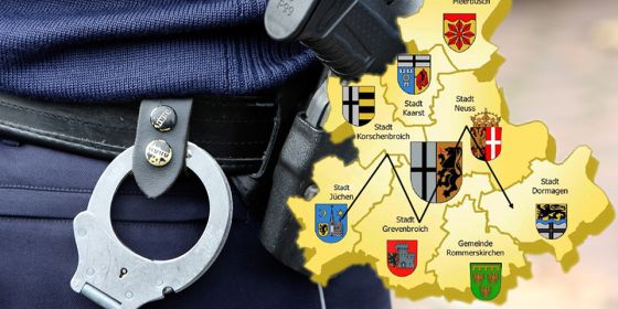 Rückenansicht eines Polizisten mit Handschellen und Waffe. Daneben die Kreiskarte in gelb. 