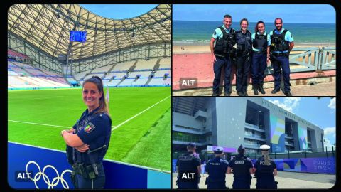 Screenshot of a tweet by IM NRW on the occasion of the police officers from NRW deployed at the Olympic Games in Paris. You can see a collage consisting of three images.